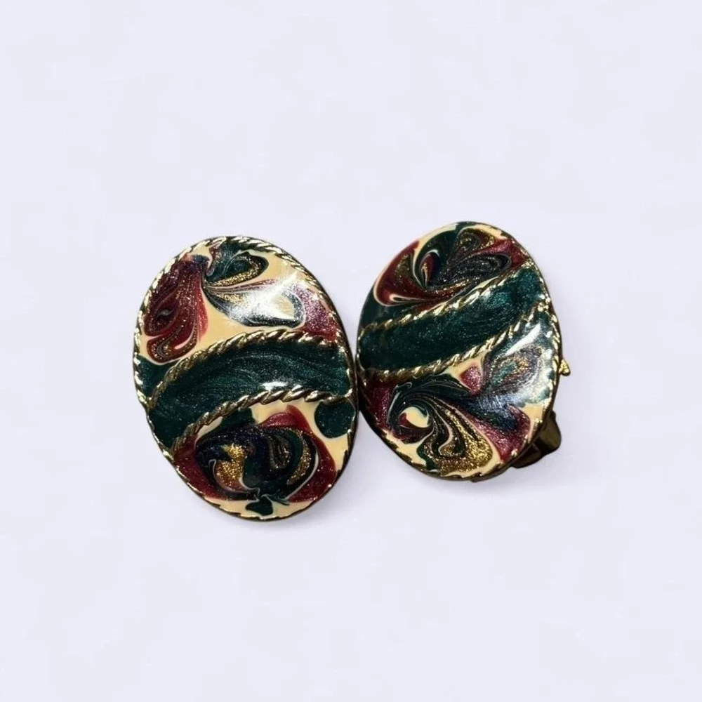 Vintage Enamel‎ Swirl Clip On Earrings Gold Tone Green Burgundy Glitter Oval